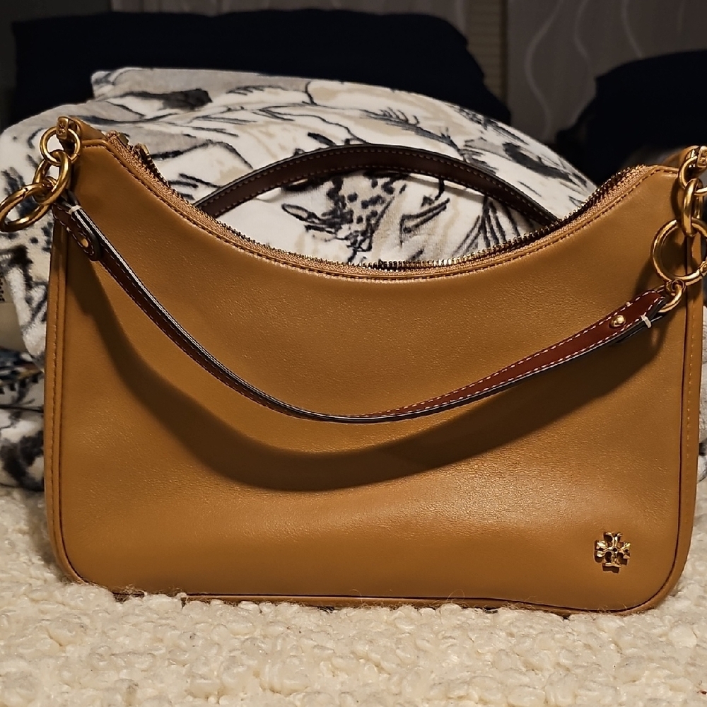 Tory Burch Tan Gold Shoulder Bag with Hobo Silhouette